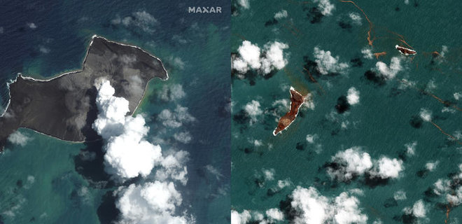 Остров Тонга с вулканом ушел под воду после извержения, главный остров затопило: анимация - Фото